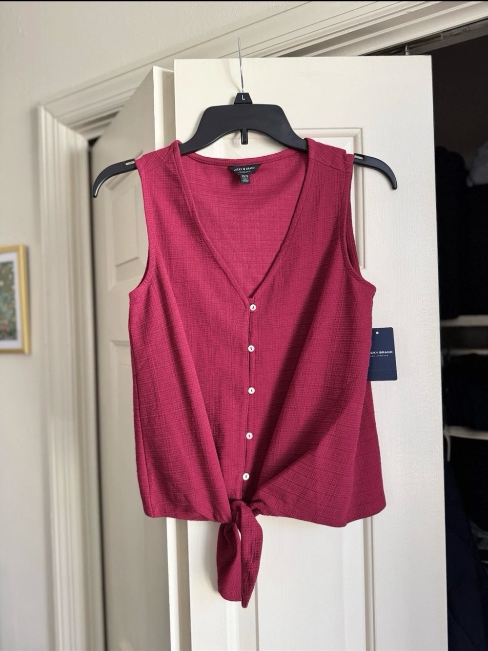 NWT Lucky Brand textured tied front sleeveless top women’s XS pink berry color